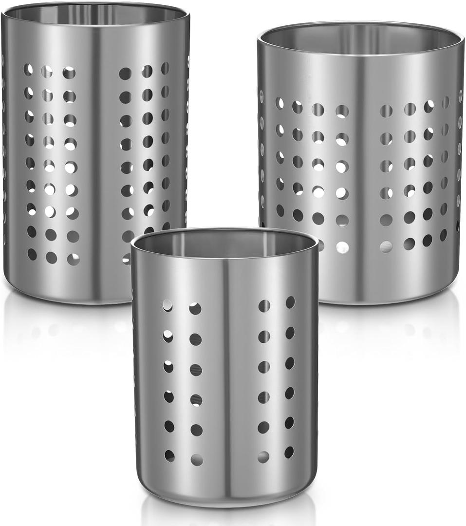 Metal Utensil Holder Set, Small SUS401 Steel Utensil Holder Flatware Silverware Spatulas Utensils Drying Rack for Kitchen Countertop, Kitchen Home Office Organizers ,Silver (3 Pack)