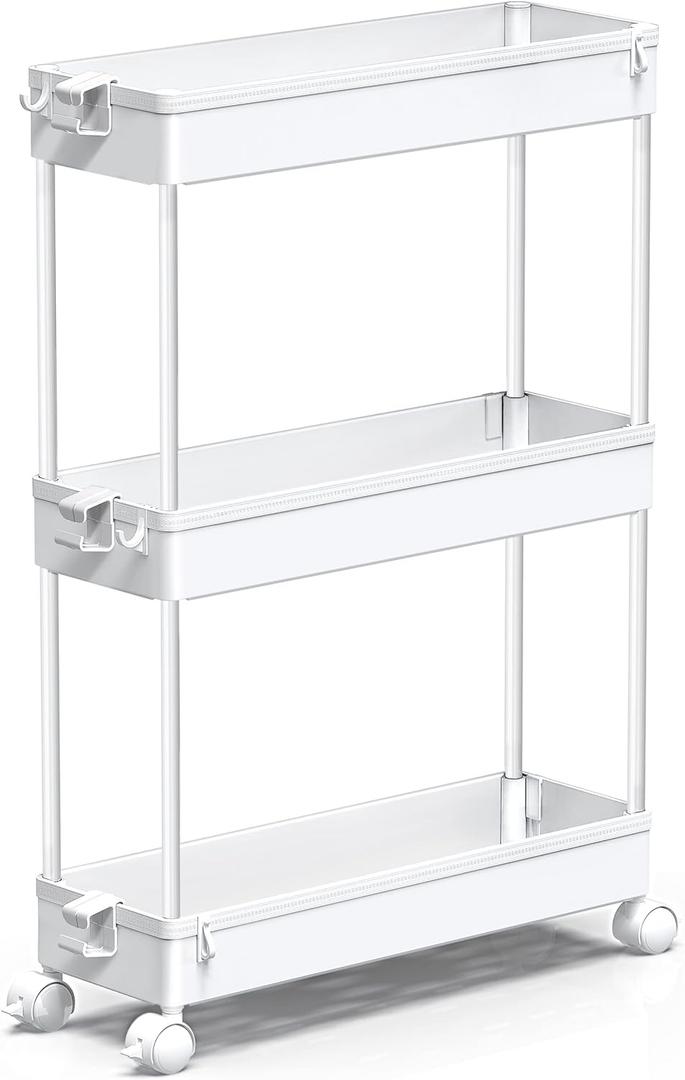 SPACEKEEPER Slim Rolling Storage Cart, 3 Tier Bathroom Storage Organizer Laundry Room Utility Cart Mobile Shelving Unit, Multi-Purpose for Kitchen Office Bathroom Laundry Narrow Places, White