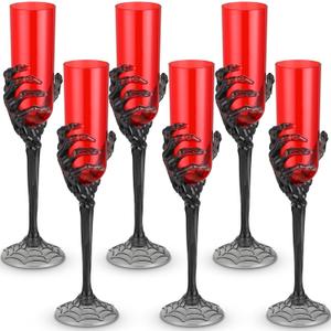 Dandat 6 Pcs 4.6 oz Halloween Goblets with Skeleton Hand Plastic Champagne Flutes Halloween Cups for Party Decoration Creepy Spooky (Black, Red)