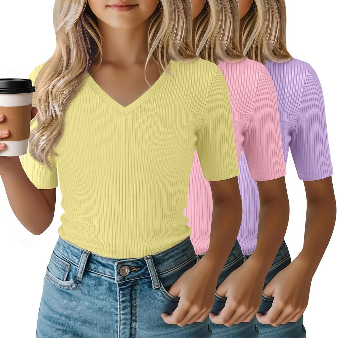 3 Pack Girls Short Sleeve Slim Shirts | V Neck Tops, Ribbed Knit, Cute, Casual, Tight, Basic, Solid, Plain, Summer, Layer, Comfortable, Versatile, Breathable