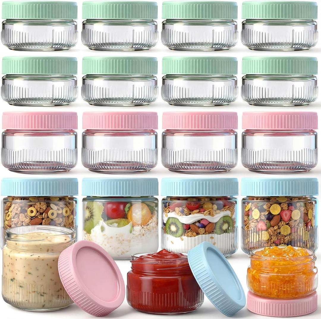 LemonRoad 16 Pack Glass Salad Dressing Containers to Go 9oz/7oz/5oz Condiment Cups with Lids Reusable Wide Mouth Mason Jars for Cereal, Airtight Stackable, Freezable, Dishwasher Safe