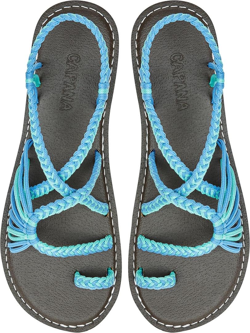 Capana Woven Women's Flat Sandals - Strappy Braided Sandals, Beach Sandals for Women Dressy Summer, Rope Bohemian Sandals, Spring Casual Womens Shoes, Comfy Boho Flats for Teen Girls Commune (12), Turquoise Sky Blue 