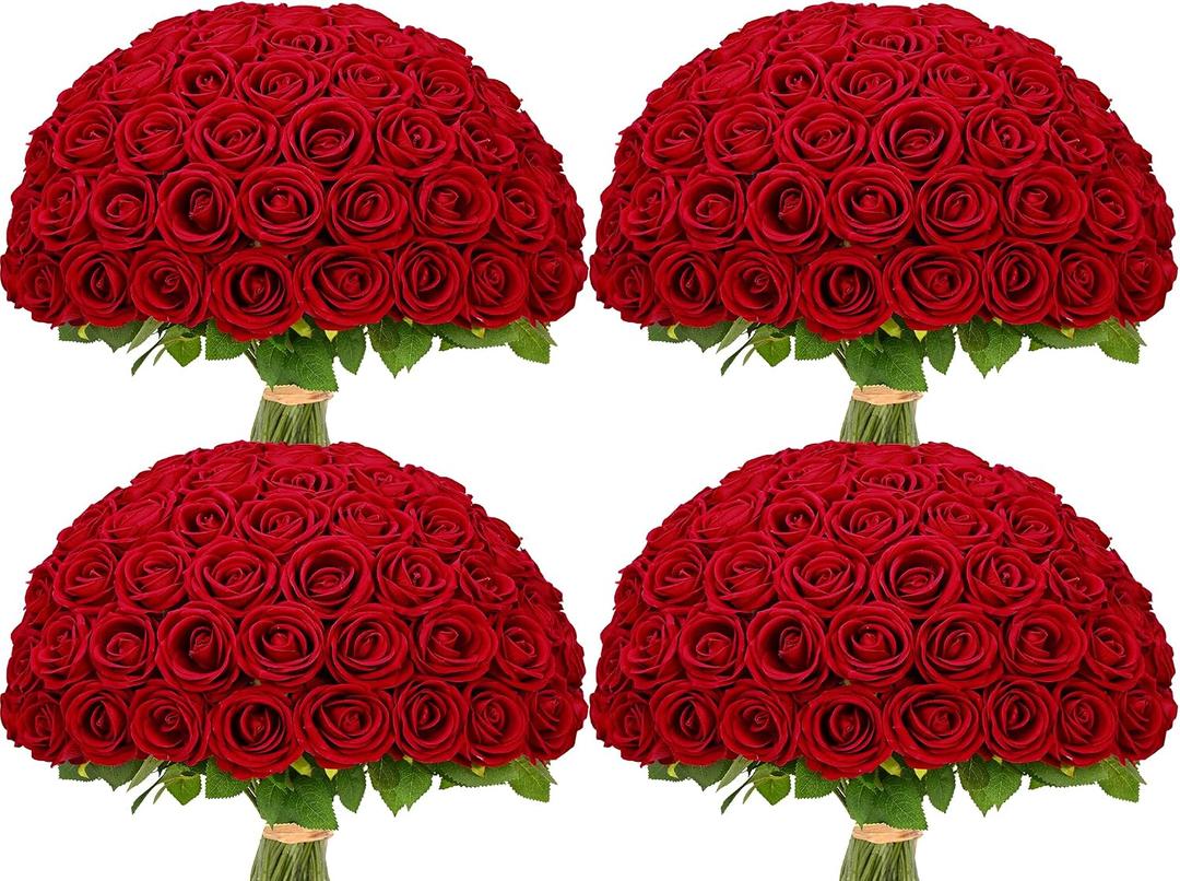 Waipfaru 100 Pcs Red Roses Artificial Flowers Bulk, Real Touch Velvet Roses with Wrapping Paper, Fake Flowers for Wedding Centerpieces Bridal Bouquet Valentines Mothers Day Decor
