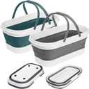 Yesland 2 Pack Collapsible Plastic Bucket with Wheels, 12L (3.17 Gallon) Foldable Rectangular Mop Bucket, Portable Water Pail with Handle for House Cleaning, Car Washing, Fishing, Camping, Gray & Blue