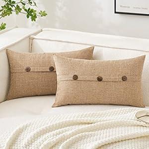 MIULEE Set of 2 Decorative Linen Throw Pillow Covers Cushion Case Triple Button Vintage Farmhouse Pillowcase for Couch Sofa Bed 12 x 20 Inch Light Tan