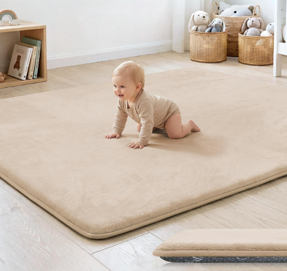 1.3" Thick Baby Floor Play Mat 59x79, Basic Padded Foam Mat for Tummy Time Crawling, Non Slip Cushioned for Babies Toddlers Infants Kids (Beige)