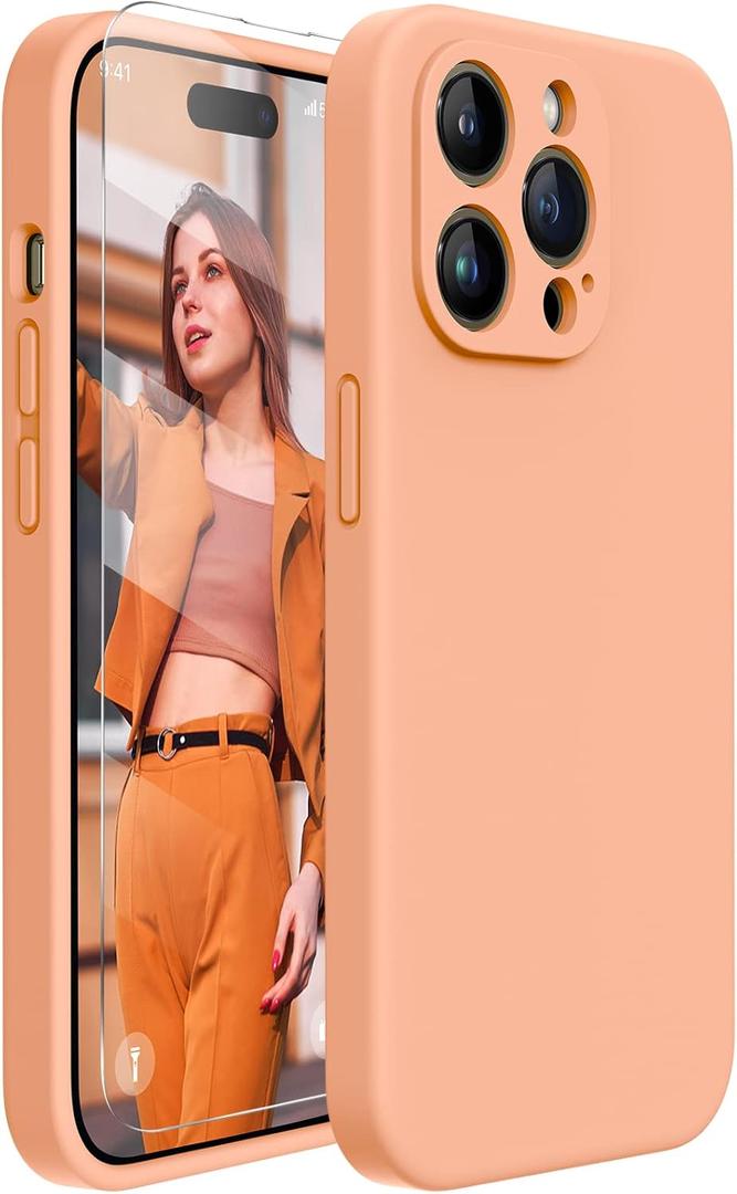 Miracase Designed for iPhone 14 Pro Max Phone Case with Screen Protector,[Upgraded Enhanced Camera Protection],Shockproof Liquid Silicone Case with Microfiber Lining,6.7 inch(Melon Orange)