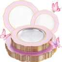 WDF 60Pcs Pink Plates Disposable with Gold Rim - Baroque Clear Pink and Gold Plastic Party Plates Ideal for Wedding/Baby Shower