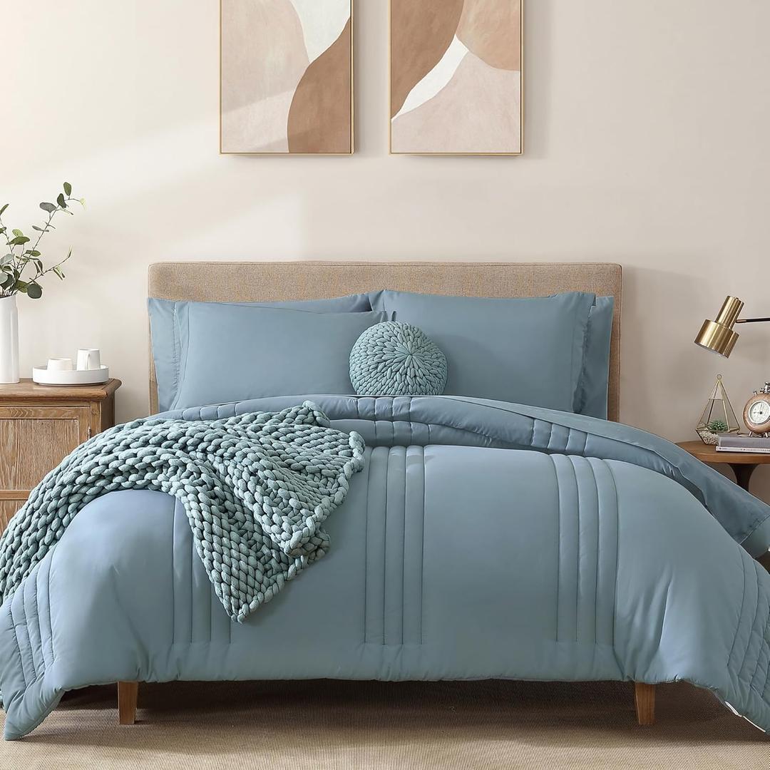 Monbix King Size Comforter Set - 7 Pieces Bed in a Bag King, Dusty Blue Bedding Sets with Comforter, All Seasons Comforter Bed Set with Sheets, Pillowcases & Shams (King(102"X90"))