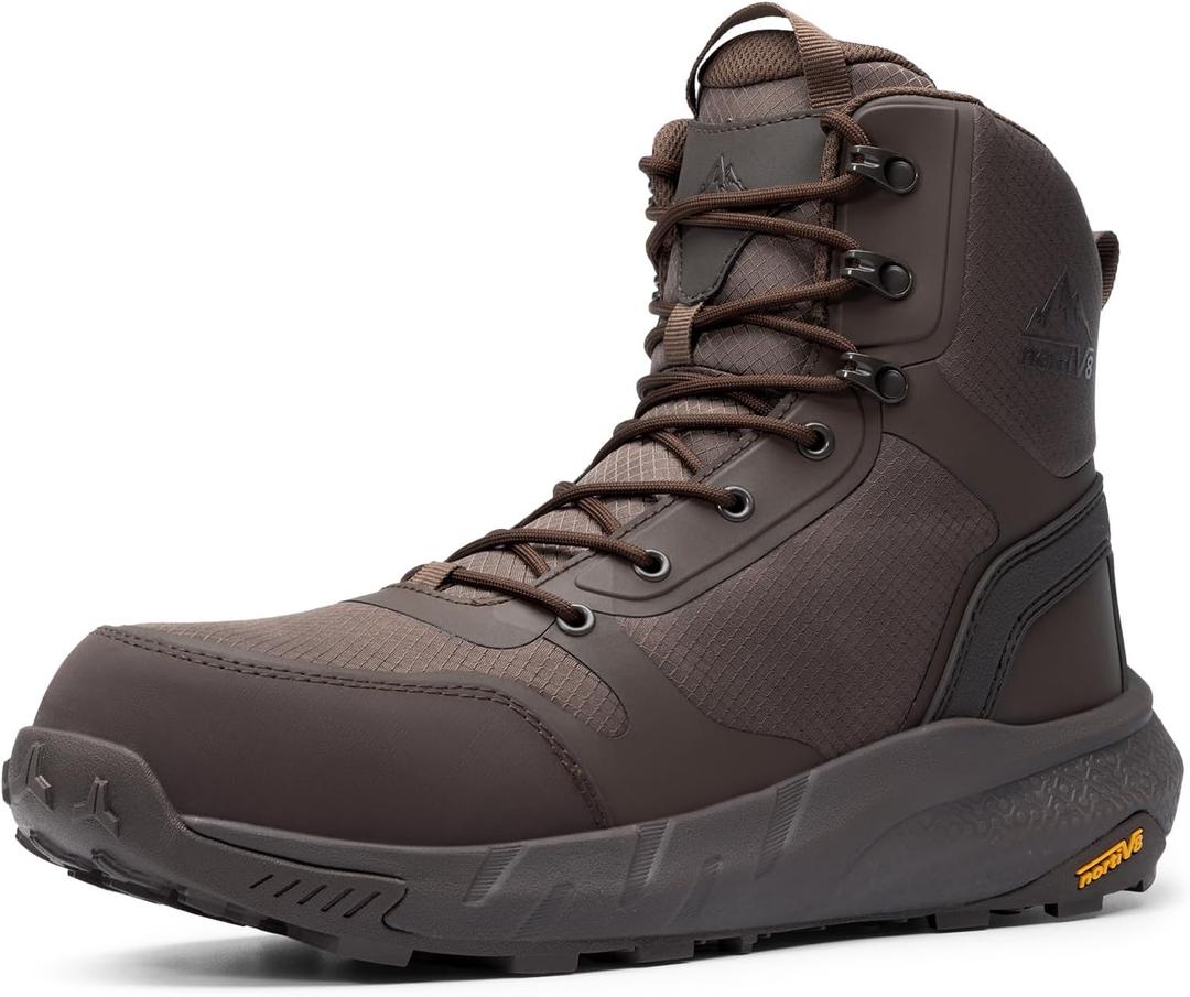 NORTIV 8 Men's Composite Toe Work Boots 8'' Lightweight ASTM F2412-24 & ASTM F2913-24 Safety Boots with Side Zipper for Construction & Warehouse, Metrostrike-Nano (9.5, Brown)