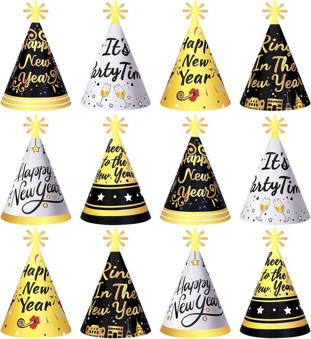 HOWAF New Years Eve Hats, New Years Eve Party Supplies 2026 Decorations Happy New Year Party Cone Hats NYE Favors Top Hat (Black Gold)