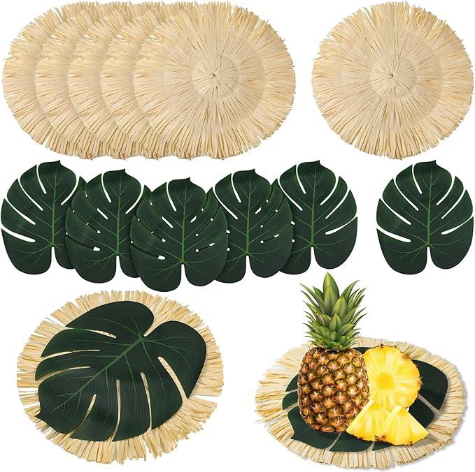 12pcs Luau Placemats and Palm Placemat, Round Luau Fringe Place Mats Tropical Palm Leaf Place Mats Bulk Summer Hawaiian Plate Chargers Table Placemats Tropical Party Supplies