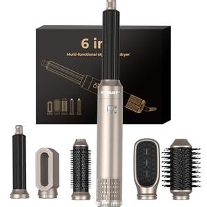 Hair Dryer Brush 6 in 1 Hair Styler 60000RPM Powerful Blow Dryer Brush Professional Hot Air Styler 1000w Detachable Hot Air Brush Hair Styling Tools Auto Wrap Curlers Thermal Brush Straightener Gold