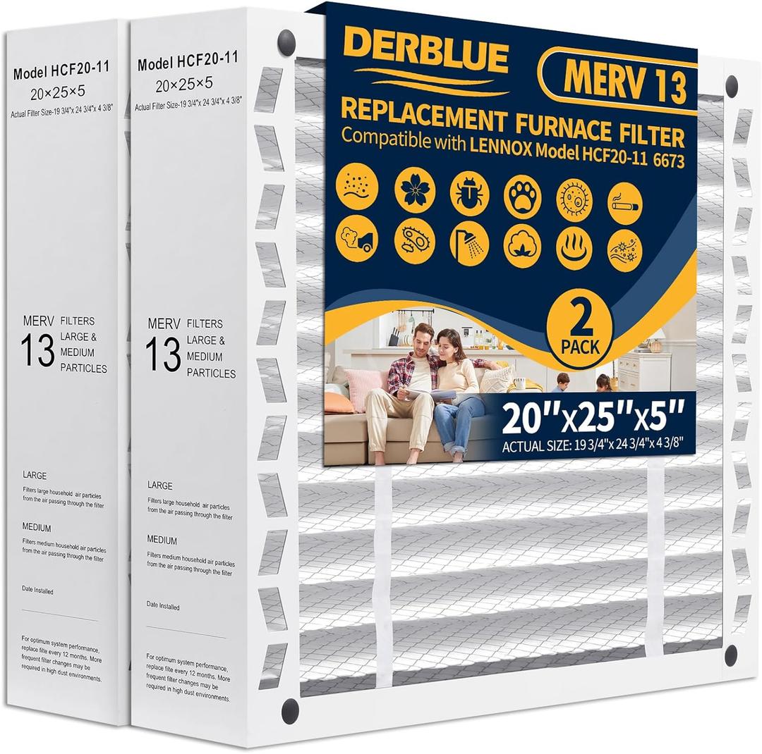 DerBlue 2PACK 20x25x5 MERV 13 Furnace Filter Replacement Compatible with Lennox X6673 HCF20-11 Pleated HVAC,Foldable Design for Easy Installation & Space-Saving (Actual Size: 19.75 x 24.75 x 4.38 In)