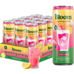 Bloom Nutrition Sparkling Energy Drink - Natural Caffeine, Zero Sugar, 180mg Caffeine - Antioxidant-Rich with Green Coffee Bean, Green Tea Extract, Prebiotics - Summer Splash - 12oz 12 Pack, 09/2027