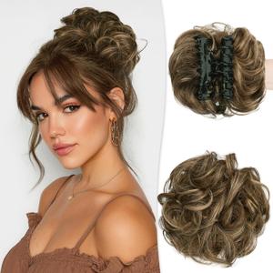 RUWISS Claw Clip Messy Bun Hair Piece Real Human Hair Buns Wavy Curly Chignon Hair Bun Extensions Tousled Updo Ponytail Hairpieces Hair Scrunchie with Clip for Women, 4P27#