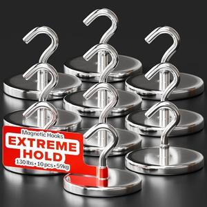 Magnetic Hooks 130 LBS (Pack of 10 Silver) - Heavy Duty Neodymium Hooks for Outdoor & Backyard Use - Strong Rare Earth Magnets for Cruise Cabins - Magnetic Hooks for Kitchen & Refrigerators