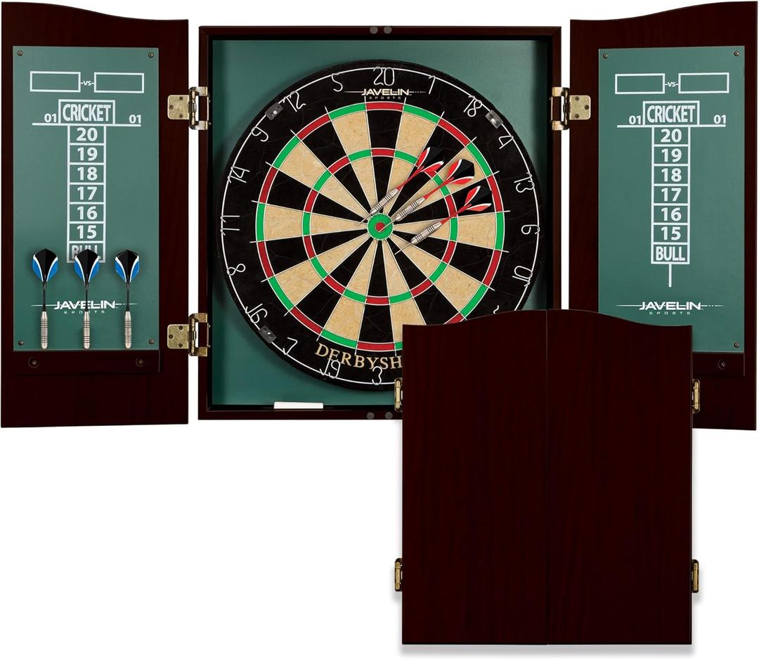 EastPoint Sports Official Size Dart Board Cabinet Set- Easy-Assembly & Complete with 6 Deluxe Steel Tip Darts and Accessories -Premium Darts Set with Scoreboard for Bar Games & Indoor Games (Green)
