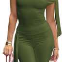 Elainone Capri Sets Women 2 Piece Outfits Sexy One Shoulder Sleeveless Crop Tops Bodycon Pant Sets (Medium, Army Green)
