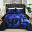 Xruibed Blue Quilt Set Queen Size, 3 Pieces Rose Floral Quilt Set Botanical Bedspread with 2 Pillow Shams, Soft Micorfiber Lightweight Flower Coverlet Bedding Set for All Season (90"x96")