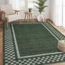 GarveeHome Washable Area Rug 4x6 Small Living Room Rugs Modern Bordered Soft Dining Room Throw Carpet Low Pile Non Slip Checkered Bedroom Rug Geometric Carpet for Nursery Kitchen Home Office, Green