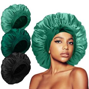 3Pcs Satin Silk Bonnet for Sleeping, Braids Hair Bonnets for Sleeping with Tie Band showercap(Black+Light Green+Dark Green)