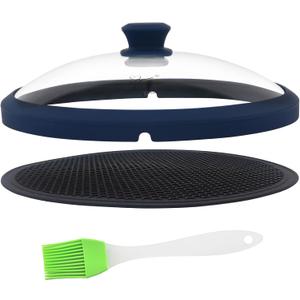 Glass Microwave Cover for Food 10.5 Inch Microwave Splatter Cover With Easy Grip Meteorite Shape Handle Microwave Cover Glass Guard Lid Vented Edge Plate Cover for Heating Food (Dark Blue)