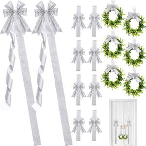 Yinkin 16 Pcs Christmas Door Cabinet Bows with Wreaths Set 10 Large Cabinet Bows 6 Mini Hanging Garlands Front Christmas Door Decorations Xmas Hanging Ornaments for Party Supplies(Silver)