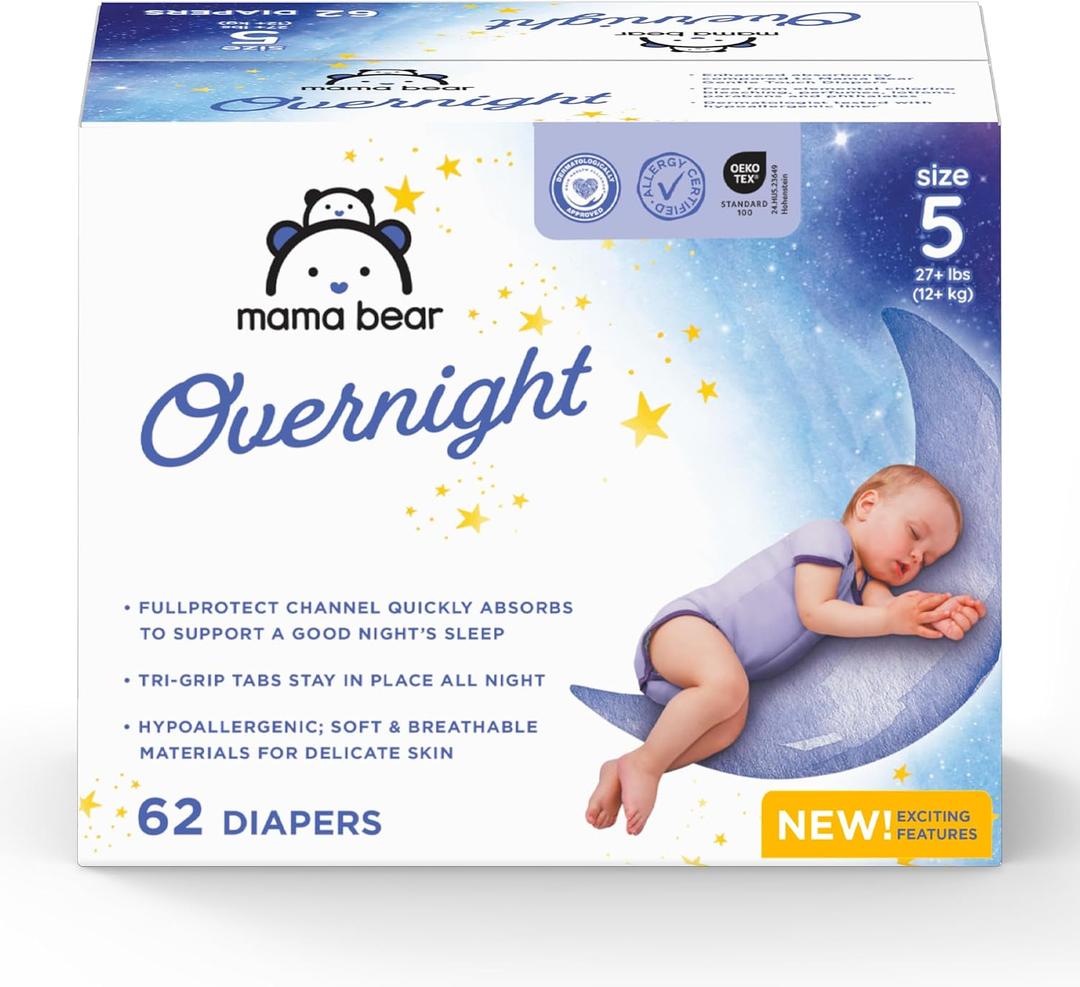 Amazon Brand - Mama Bear Overnight Baby Diapers with Leak Protection and Skin Protection, Fragrance-Free, Size 5, 62 Count, Maximum Absorbency