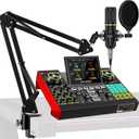 Podcast Equipment Bundle with 3.5mm Condenser Microphone for Pc/Phone Live Streaming Singing Gaming, Podcast Microphone Bundle with Live Sound Board Audio Mixer Denoise,DJ Sets