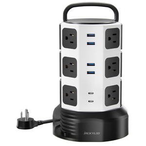 Power Strip Tower Surge Protector, JACKYLED 12 Outlets 6 USB (2 USB C) Charging Station, Extension Cord with Multiple Outlets, 1050J 1625W/13A Outlet Extender 6.5ft Extension Cord for Home Office