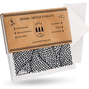 2 x SUPERSCANDI 5 Pack Swedish Dishcloths for Kitchen - 100% Biodegradable & Compostable Reusable Paper Towels Washable, Food-Safe & Without Plastic - Dish Rags for Any Surface, Line Knitting Black