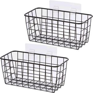 2 Set Adhesive Hanging Wall Basket Inside Cabinet Door Organizer,Wall StorageBasket-No Drilling Adhesive wall Basket for Cupboard Door, Space-Saving Small Hanging Baskets for Wall Mount Storage,Black