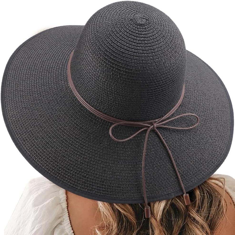 DRESHOW Beach Hats for Women Big Straw Wide Brim Summer Hat Floppy Foldable Roll up Cap Sun Hat UPF 50+ (1 Pack Bowknot Hat: Black)
