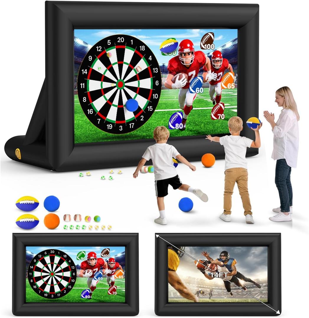 3-in-1 14FT Inflatable Projector Screen - Outdoor Movie Screen, Dart Board and Football Target with 120W Blower, Front/Rear Screen for Celebration & Outside Movie Night
