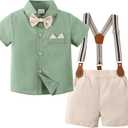 YUEMION Baby Boy Clothes Suits, Toddler Summer Formal Short Shirt+ Bowtie+ Suspender Shorts Gentleman Wedding Outfit(12M-5T) (18-24 Months)