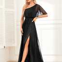 Women's Formal Evening Gowns Dresses Long Glitter One Shoulder Elegant A Line Split Wedding Guest Ball Dress (M)
