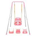 3-in-1 Toddler Swing Set, Indoor & Outdoor Baby Swing Heavy Duty Swing Set with Foldable Metal Stand for Aged 6 Months to 10 Years Old, Easy to Assemble and Store (Pink)