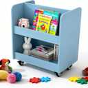 Kids Rolling 27.5''W x 17.7''D x 27.5''H Bookshelf with Wheels, 2-Tier Wooden Bookcase for Children, Open Shelf Montessori Storage Organizer, Non-Toxic Finish for Nursery Playroom Classroom