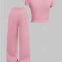 RoseSeek Girl's 2 Piece Summer Outfits Letter Graphic Tees and Wide Leg Baggy Pants Set Casual Cute Clothes (Pink)