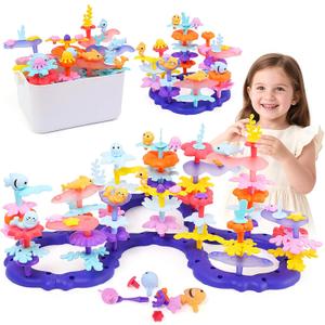 Ocean Flower Garden Building Toy for Toddlers 3-7 Years Old - Educational STEM Gifts for Girls Age 3 4 5 6 7, DIY Kids Sea Animal Coral Stacking Set, 120+ PCS Preschool Learning Activity Kit