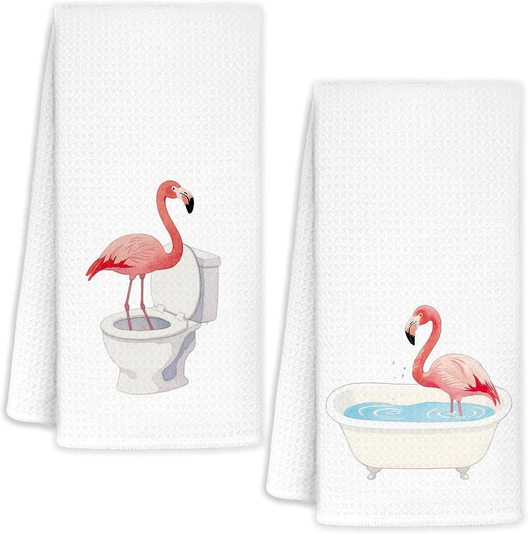Pink Flamingo Hand Towels Set of 2, Flamingo Bathroom Decor, Pink Flamingos Gifts Decorative Hand Towels for Girls Bathroom Washroom, Tropical Bird Kitchen Towels, 16x24 Inch