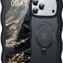 [Cute Wave Frame+Mag Stand] Designed for iPhone 17 Pro Max Case, [Fit for MagSafe] Translucent Silicone Protective Magnetic Ring Phone Case Cover for iPhone 17 Promax 6.9 inch Men Women, Black