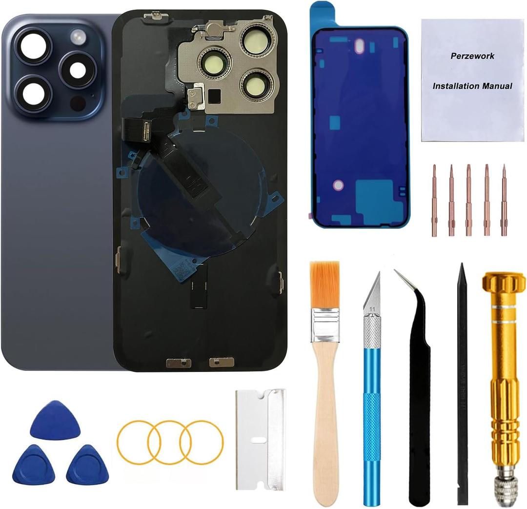 Perzework Rear Back Glass Replacement for iPhone 15 Pro 6.1-inches with Reparing Tool Kit and All Necessary Parts (Blue Titanium)