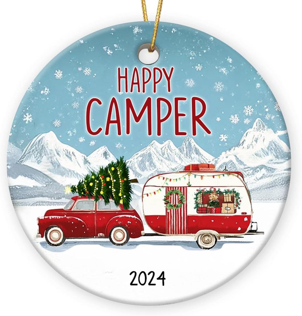 7 x Happy Camper Decor 2025 Christmas Ornament - Gifts for Camping Enthusiasts, Winter Decorations for Home, Gifts for Campers, Ceramic Christmas Ornament