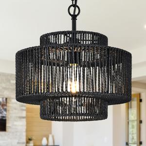 12.4" Black Woven Pendant Light 1 Light Black Rattan Chandelier Hand-Woven Rattans Chandelier 3-Tier Rattan Pendant Farmhouse Chandeliers Light Fixture for Dining Room Living Room (Balck-Black Finish) 12.4" Black Woven Pendant Light 1 Light Black Rattan Chandelier Hand-Woven Rattans Chandelier 3-Tier Rattan Pendant Farmhouse Chandeliers Light Fixture for Dining Room Living Room (Balck-Black Finish)