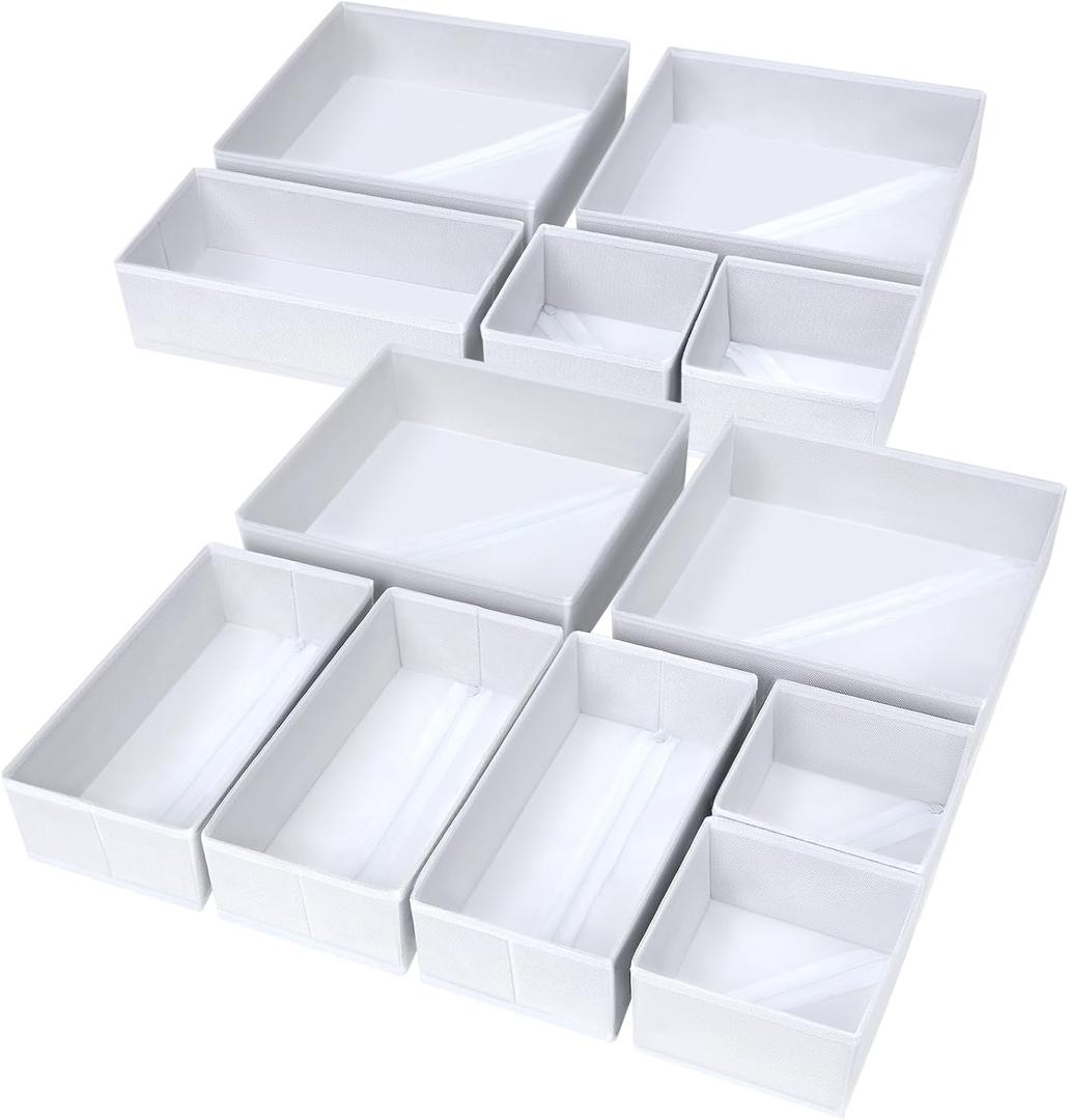 DIMJ Drawer Organizer Clothes, 12 Pack Fabric Closet Organizers and Storage, Foldable Baby Clothes Organizer & Dresser Bin For Nursery, Bedroom, Closet, Socks, Bra, Tie,White