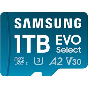 Samsung EVO Select microSDMemory Card + Adapter, 1TB microSDXC, Up-to 160 MB/s, 4K UHD, UHS-I, C10, U3, V30, A2, for Mobile Phone, Smartphones, Nintendo-Switch, and Tablets (MB-ME1T0SA/AM)