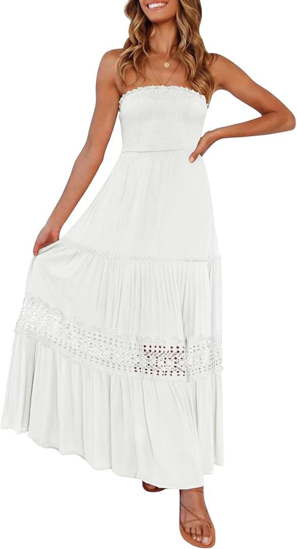 ZESICA Women's 2025 Summer Bohemian Strapless Off Shoulder Lace Trim Backless Flowy A Line Beach Long Maxi Dress (White) XXL
