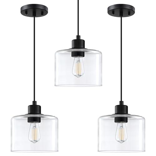 3 Pack 1 Light Modern Kitchen Island Pendant Light 7.3 Inch Clear Glass Black Finish Pendant Lamp,Farmhouse Hanging Light Fixture for Kitchen Island Dining Room Bedside